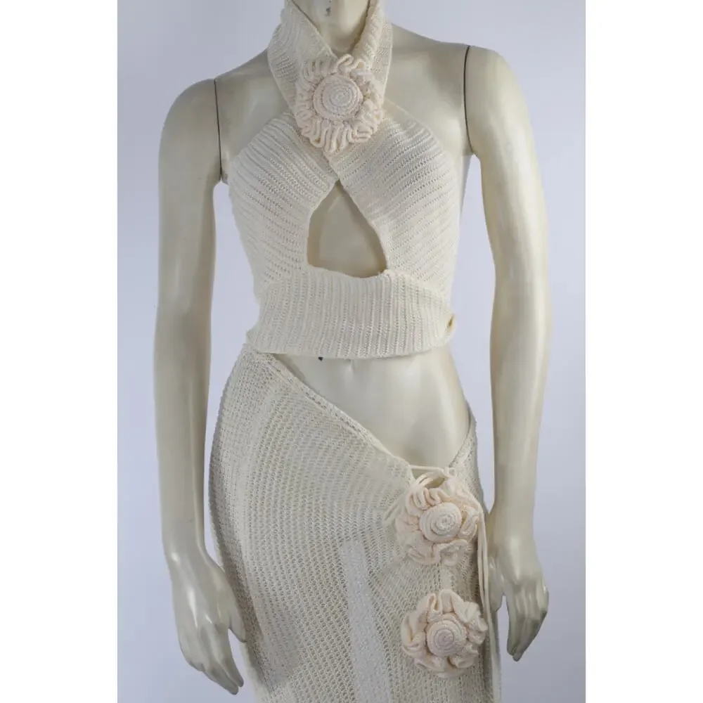 Cream Knit 2 Pc Set S Halter Keyhole Crop Top Asymmetric Slit Maxi Skirt